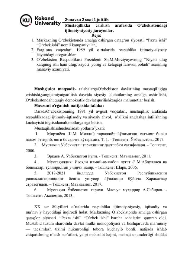 Mustaqillikka erishish arafasida O‘zbekistondagi ijtimoiy-siyosiy jarayonlar