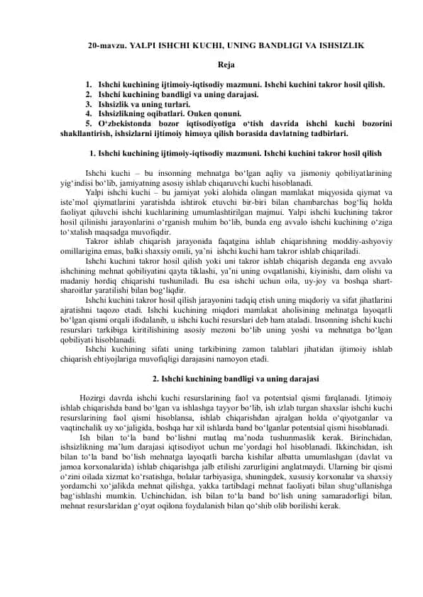 Ishchi kuchi, uning bandligi va ishsizlik