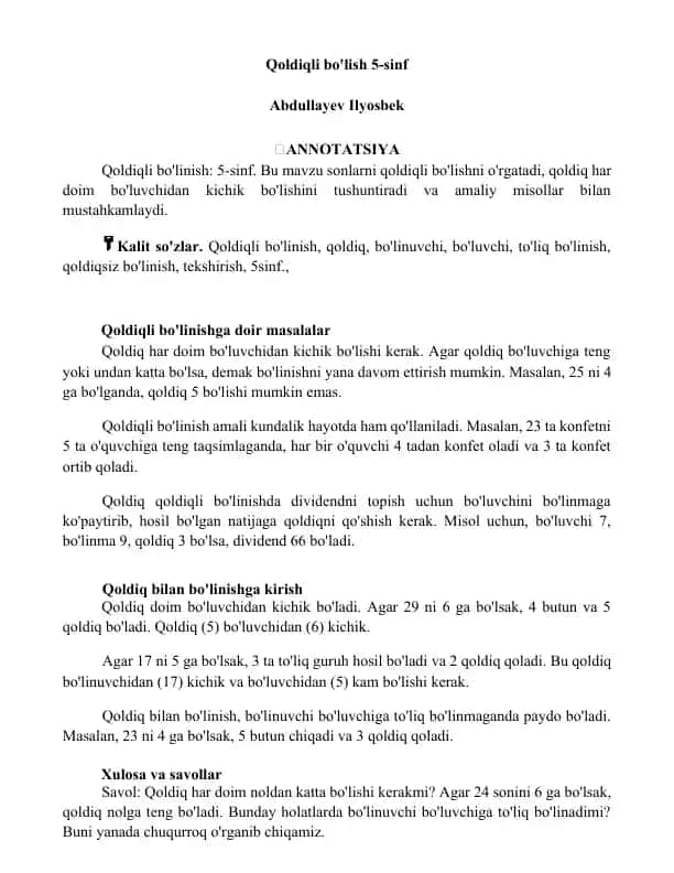 Qoldiqli bo'lish 5-sinf