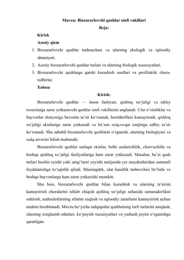 Biozararlovchi qushlar sinfi vakillari