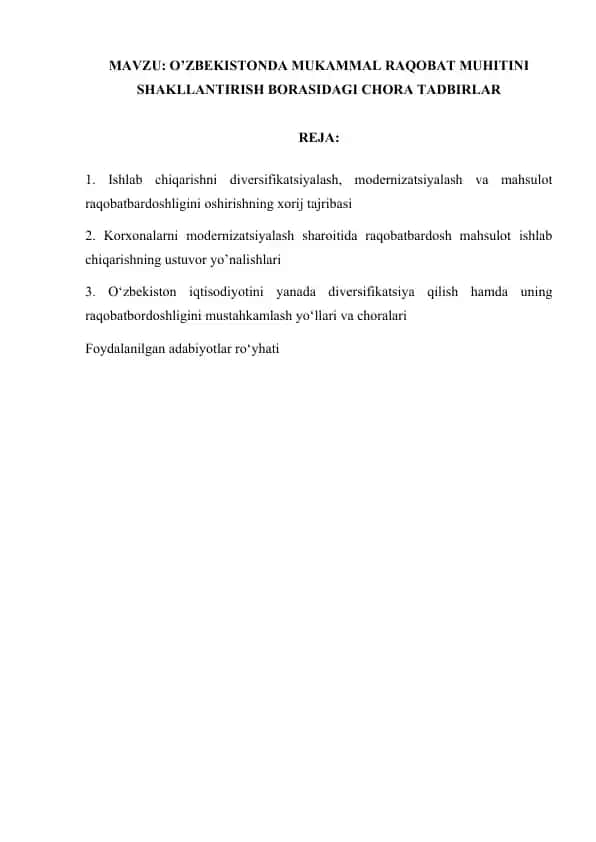 Diversifikatsiya va raqobatbardosh ishlab chiqarish