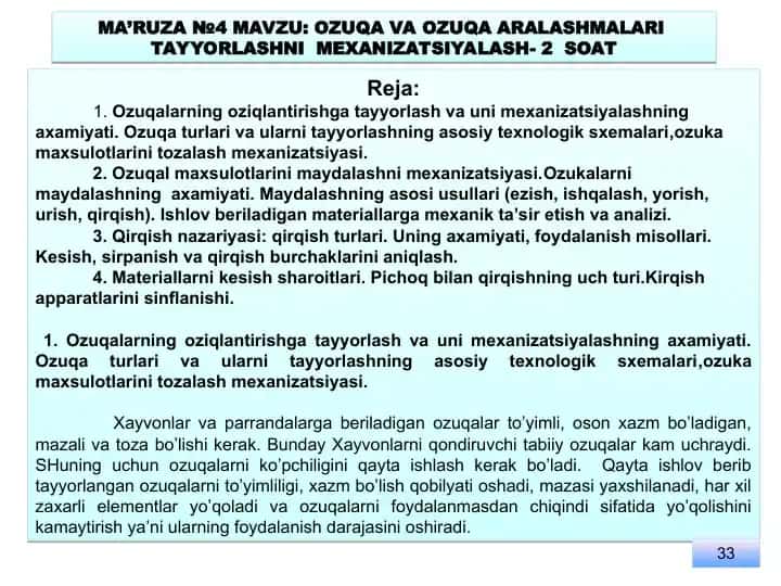Ozuqa va Ozuqa Aralashmalari Tayyorlashni Mexanizatsiyalash-2 soat