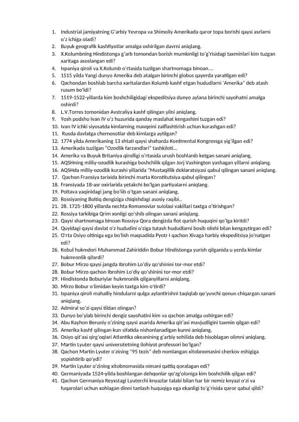 Tarixiy savollar va javoblar