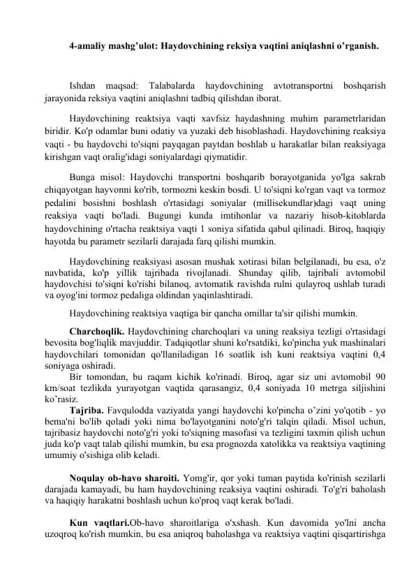 Haydovchining reaksiya vaqti aniqlash