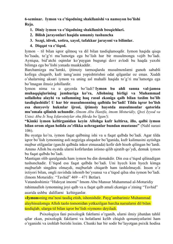 Iymon va e’tiqodning shakllanishi va namoyon bo’lishi