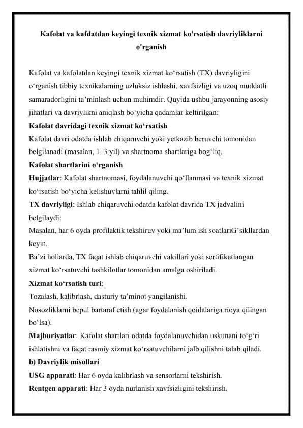 Kafolat va kafolatdan keyingi texnik xizmat ko'rsatish davriyliklarni o'rganish