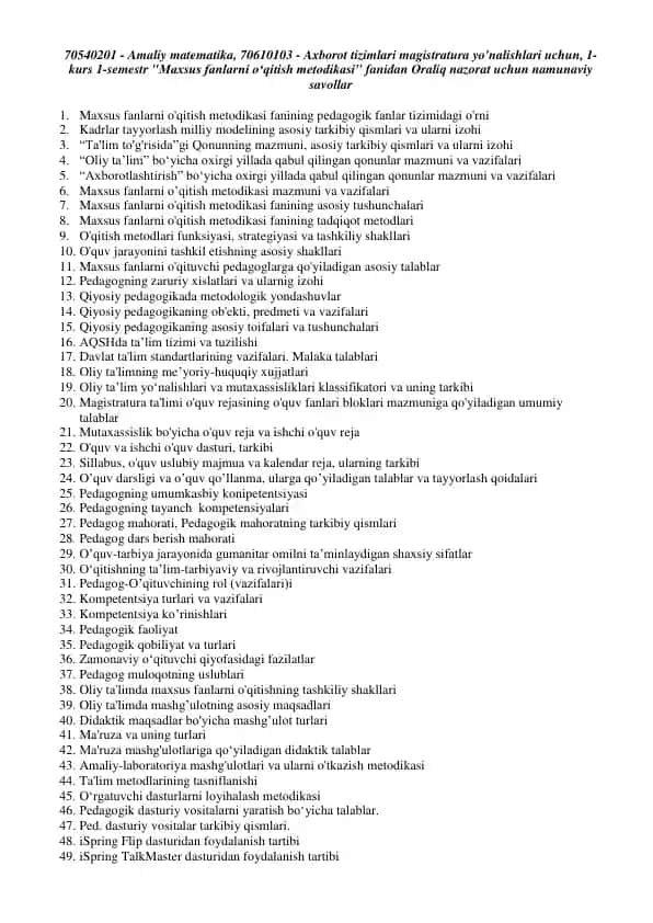 Maxsus Fanlarni O'qitish Metodikasi