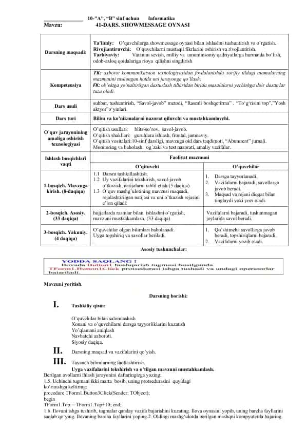 10-"A", “B” sinf uchun Informatika Mavzu: 41-DARS. SHOWMESSAGE OYNASI