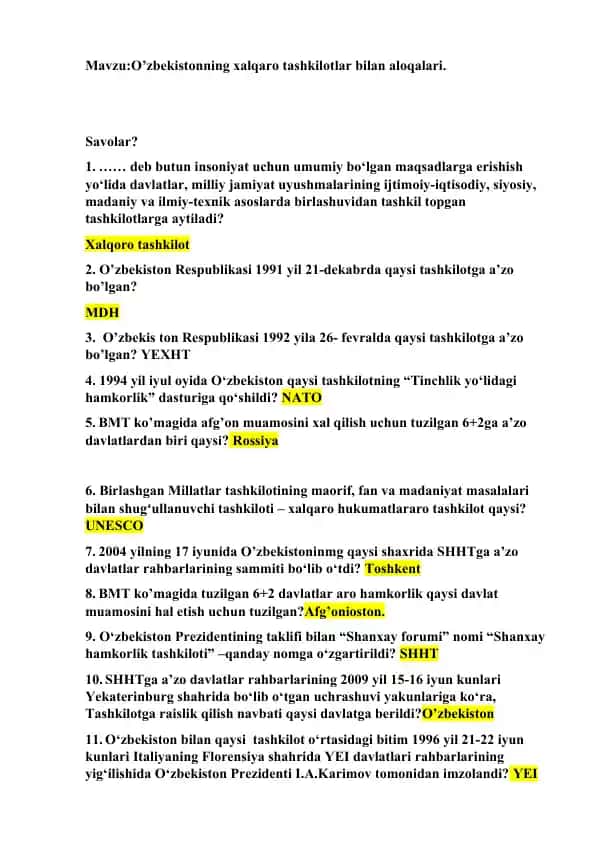O'zbekistonning xalqaro tashkilotlar bilan aloqalari