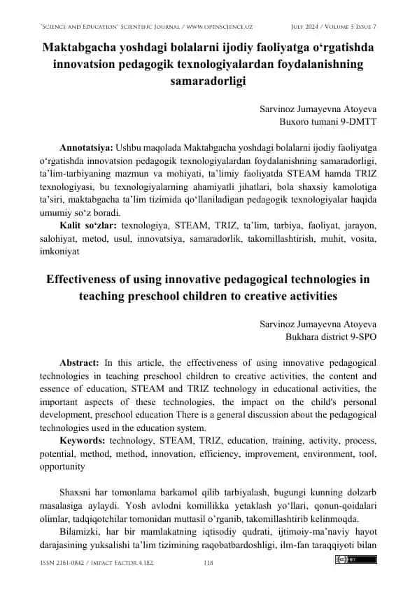 Maktabgacha yoshdagi bolalarni ijodiy faoliyatga o‘rgatishda innovatsion pedagogik texnologiyalardan foydalanishning samaradorligi
