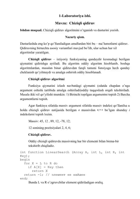 Chiziqli qidiruv algoritmi va dasturiy amaliyoti