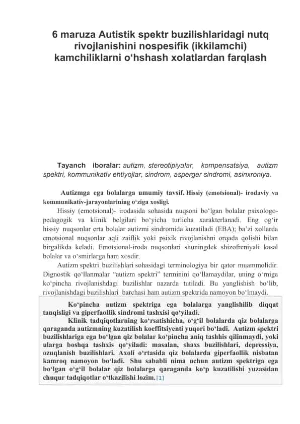 Autistik spektr buzilishlaridagi nutq rivojlanishi va psixologik-pedagogik xususiyatlari