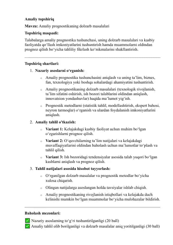 Amaliy prognostikaning dolzarb masalalari