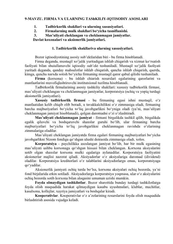 Firma va ularning Tashkiliy-Iqtisodiy Asoslari