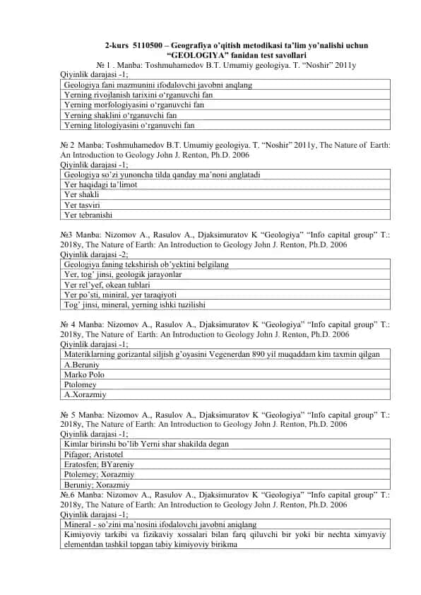 Geografiya o’qitish metodikasi ta’lim yo’nalishi uchun “GEOLOGIYA” fanidan test savollari