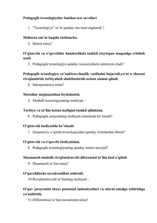 Pedagogika texnologiyalari fanidan test savollari