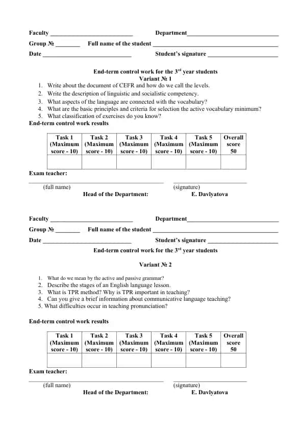 End-term control work on CEFR and Linguistic Competency