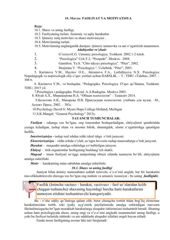 FAOLIYAT VA MOTIVATSIYA