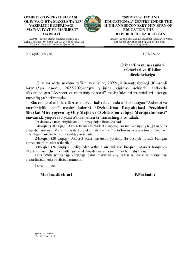 "Axborot va murabbiylik soati mashg'ulotlari materiallari"