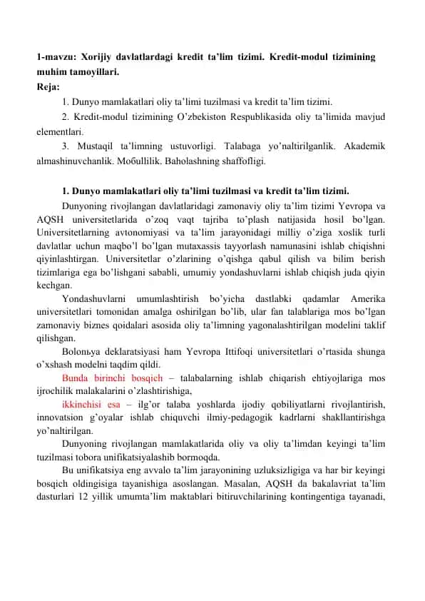 Xorijiy davlatlardagi kredit ta’lim tizimi. Kredit-modul tizimining muhim tamoyillari