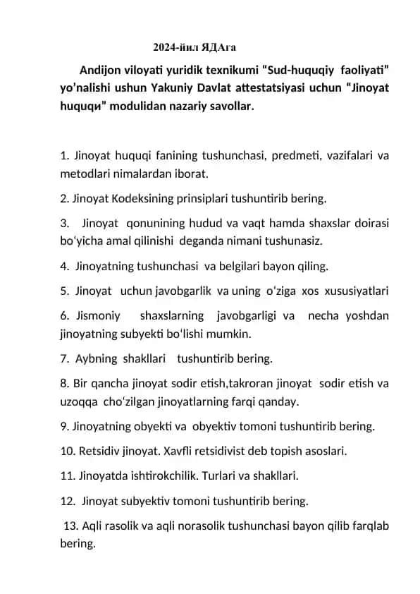 Yakuniy Davlat Attestatsiyasi "Jinoyat Huquqi" Modulidan Savollar