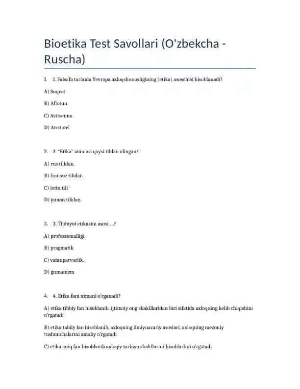 Bioetika Test Savollari (O'zbekcha - Ruscha)