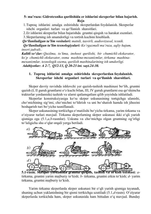 Gidrotexnika qurilishida er ishlarini skreperlar bilan bajarish