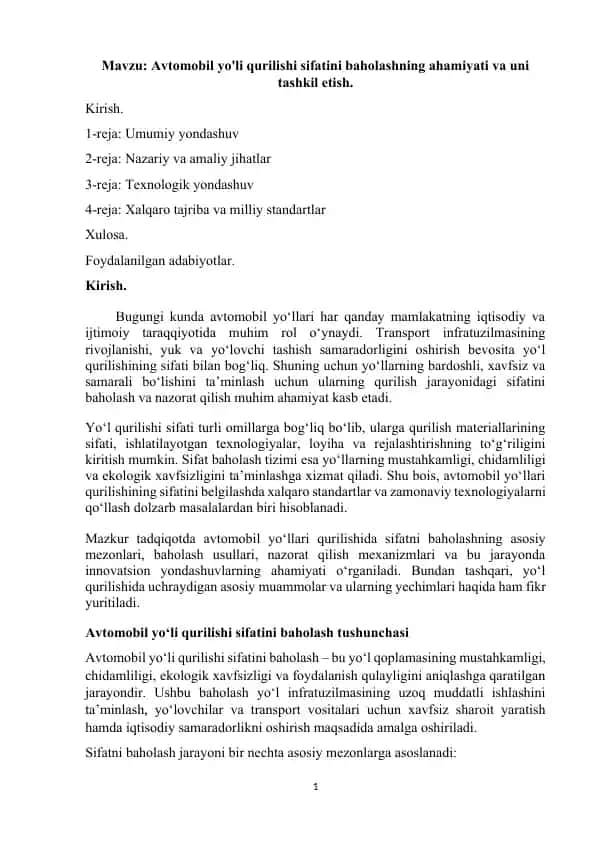 Avtomobil yo'li qurilishi sifatini baholash