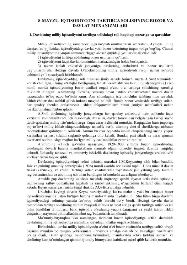 IQTISODIYOTNI TARTIBGA SOLISHNING BOZOR VA DAVLAT MEXANIZMLARI