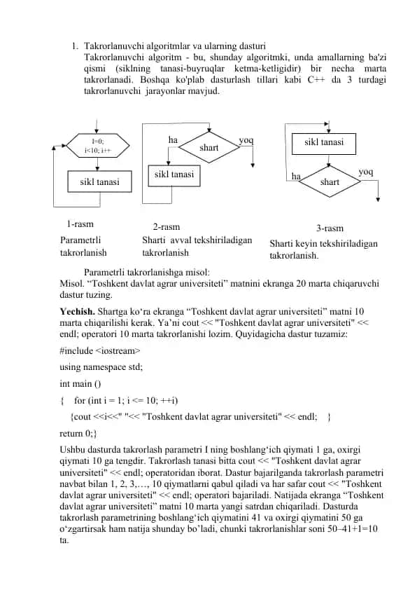 Takrorlanuvchi algoritmlar va ularning dasturi