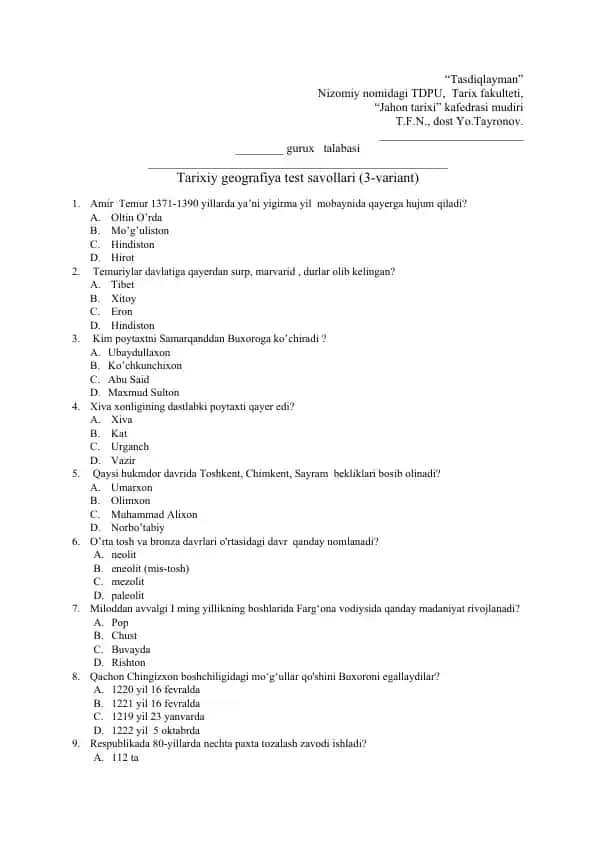 Tarixiy geografiya test savollari (3-variant)