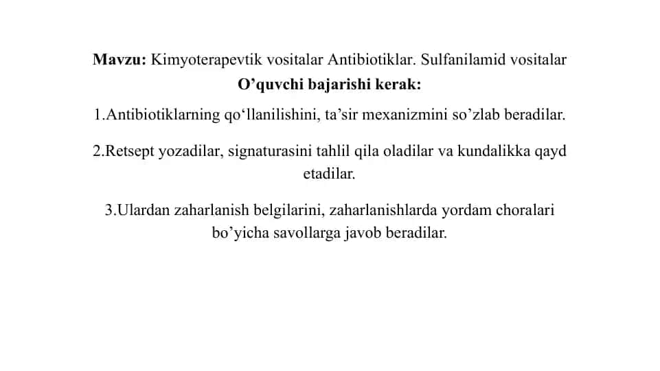Kimyoterapevtik vositalar Antibiotiklar va Sulfanilamid vositalar