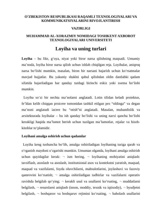 Loyiha va uning turlari