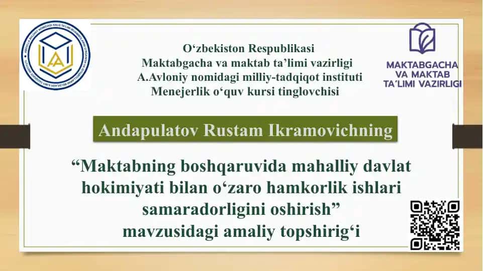 "Maktabning boshqaruvidagi mahalliy davlat hokimiyati bilan hamkorlik ishlarini samaradorligini oshirish" amaliy topshiriq