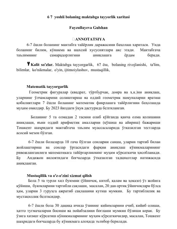 6-7 yoshli bolaning maktabga tayyorlik xaritasi