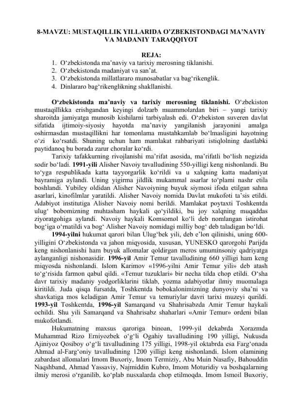 O‘zbekistonda Mustaqillik Yillarida Ma’naviy va Madaniy Taraggiyot