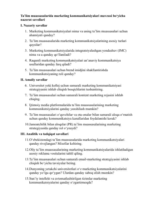 Marketing kommunikatsiyalari nazorat savollari