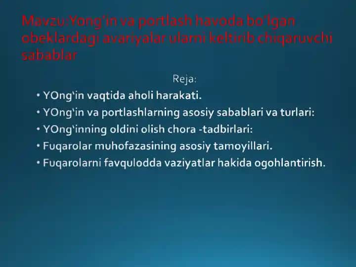 Yong'in va portlash havoda bo‘lgan obeklardagi avariyalar