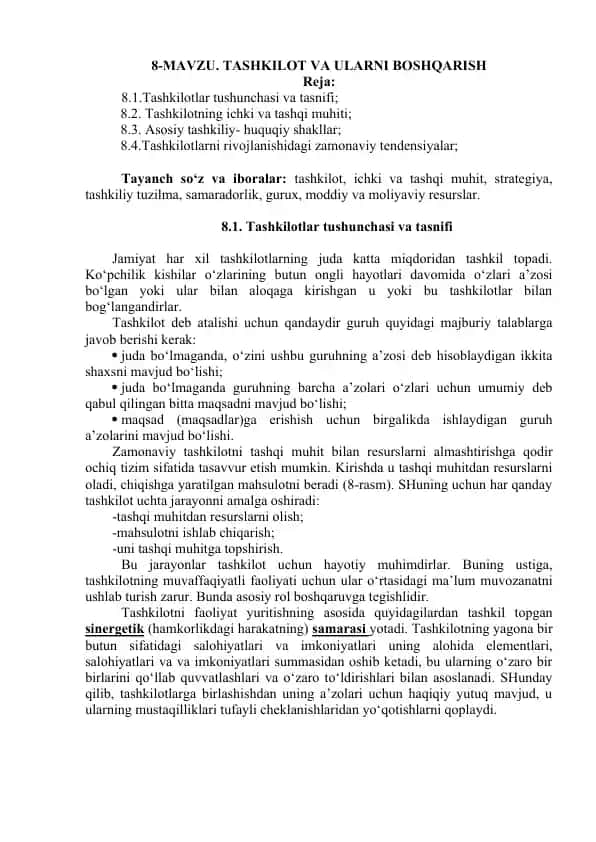 Tashkilotlar tushunchasi va tasnifi