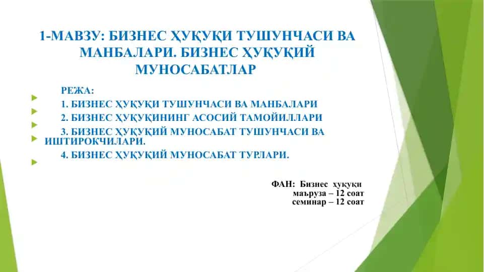 Biznes Huquqi Tushunchasi va Manbalari