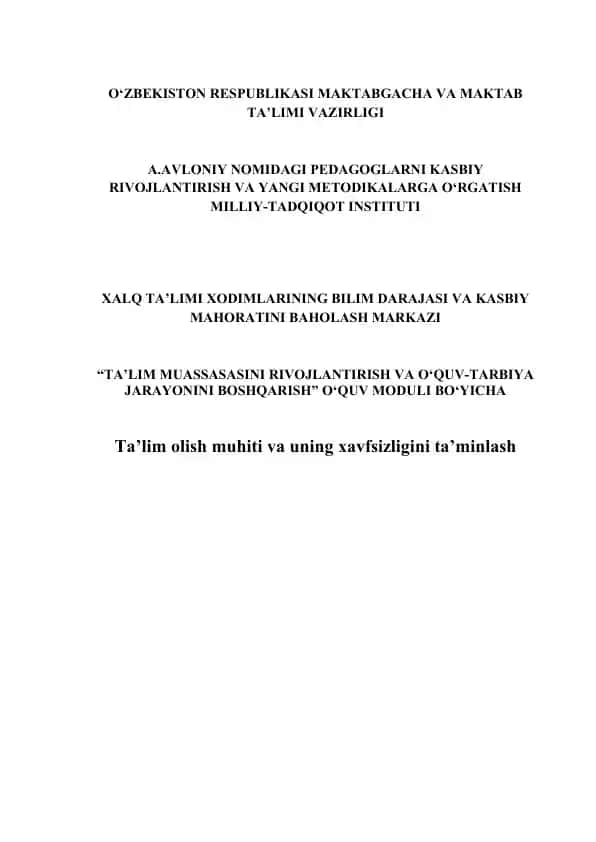 A.AVLONIY NOMIDAGI PEDAGOGLARNI KASBIY RIVOJLANTIRISH VA YANGI METODIKALARGA O‘RGATISH MILLIY-TADQIQOT INSTITUTI