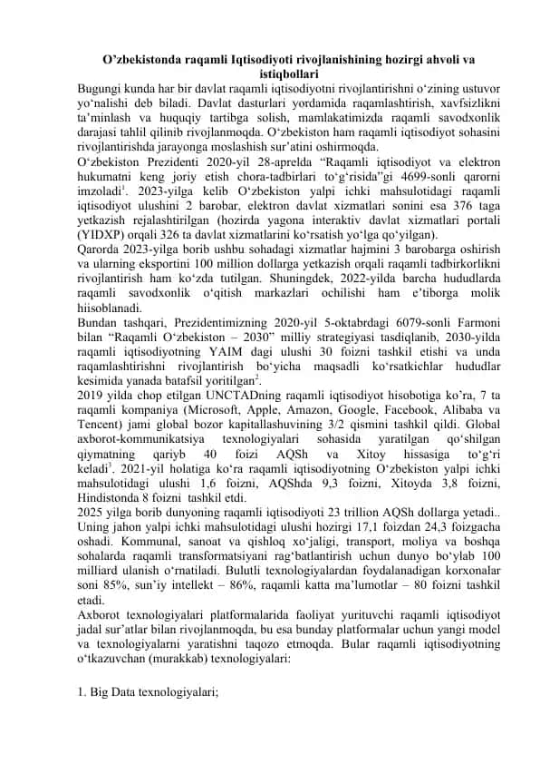 O'zbekistonda raqamli Iqtisodiyoti rivojlanishining hozirgi ahvoli va istiqbollari