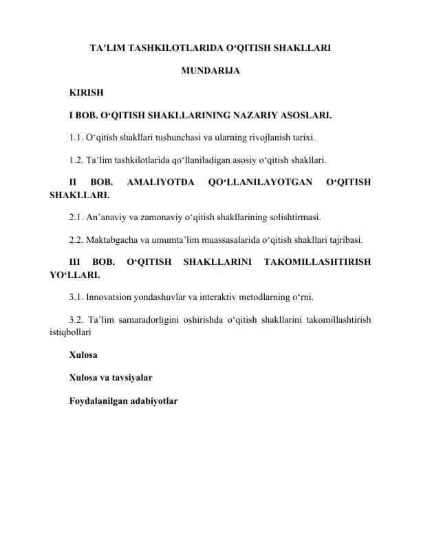 Taʼlim Tashkilotlarida Oʻqitish Shakllari