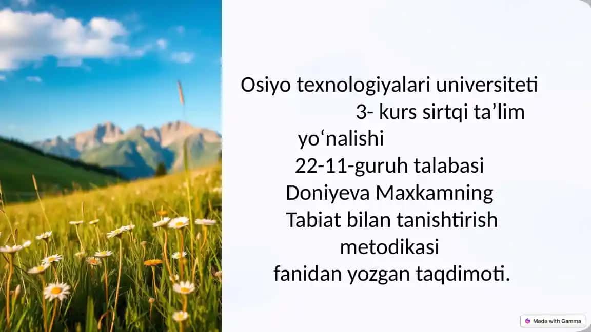 Doniyeva Maxkamning Tabiat bilan tanishtirish metodikasi