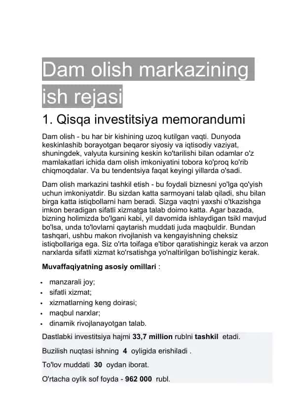 Dam olish markazining ish rejasi