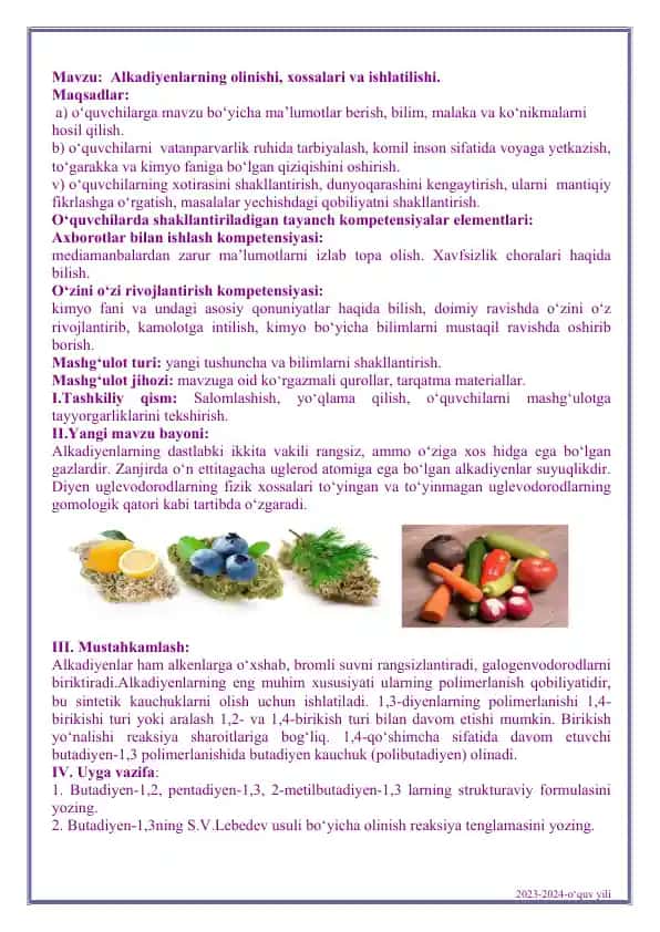 Alkadiyenlarning olinishi, xossalari va ishlatilishi