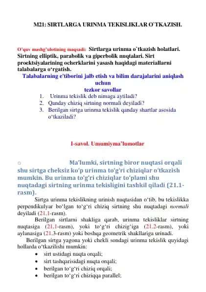Sirtlarga urinma tekisliklar o`tkazish
