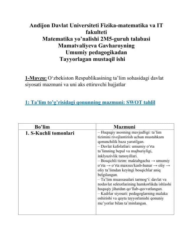 Ta’lim sohasidagi davlat siyosati mazmuni