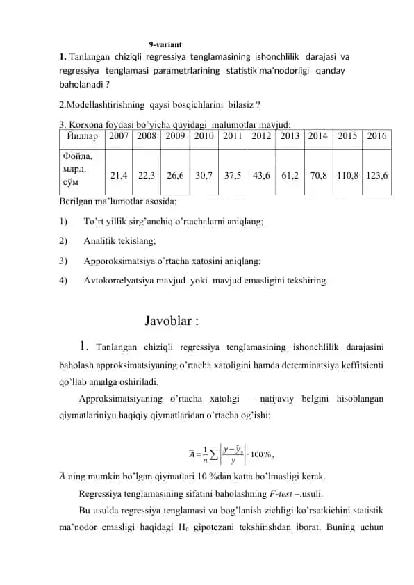 Taqdimot: Chiziqli regressiya va iqtisodiy-matematik modellashtirish (9-variant)
