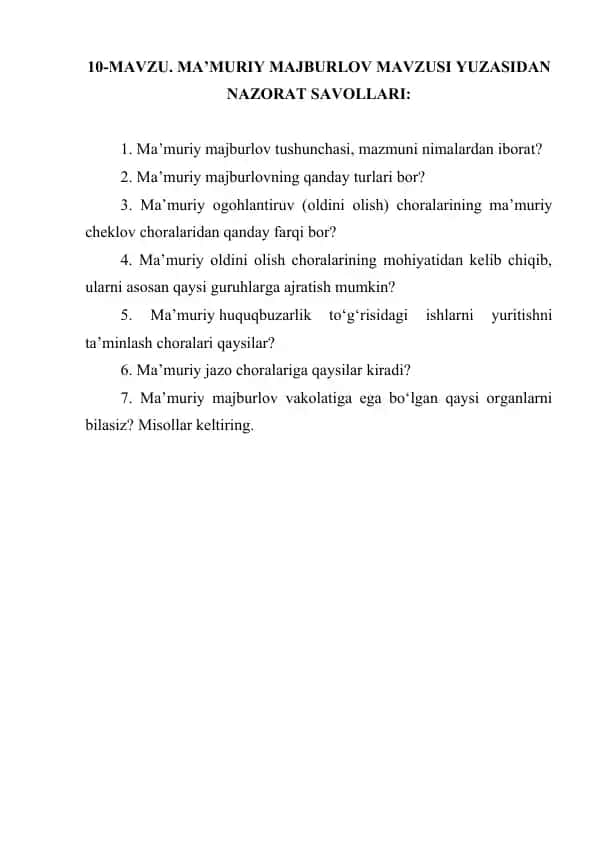 Mа’muriy Mаjburlоv Mаvzusi Yuzasidan Nаzorаt Sаvollаri